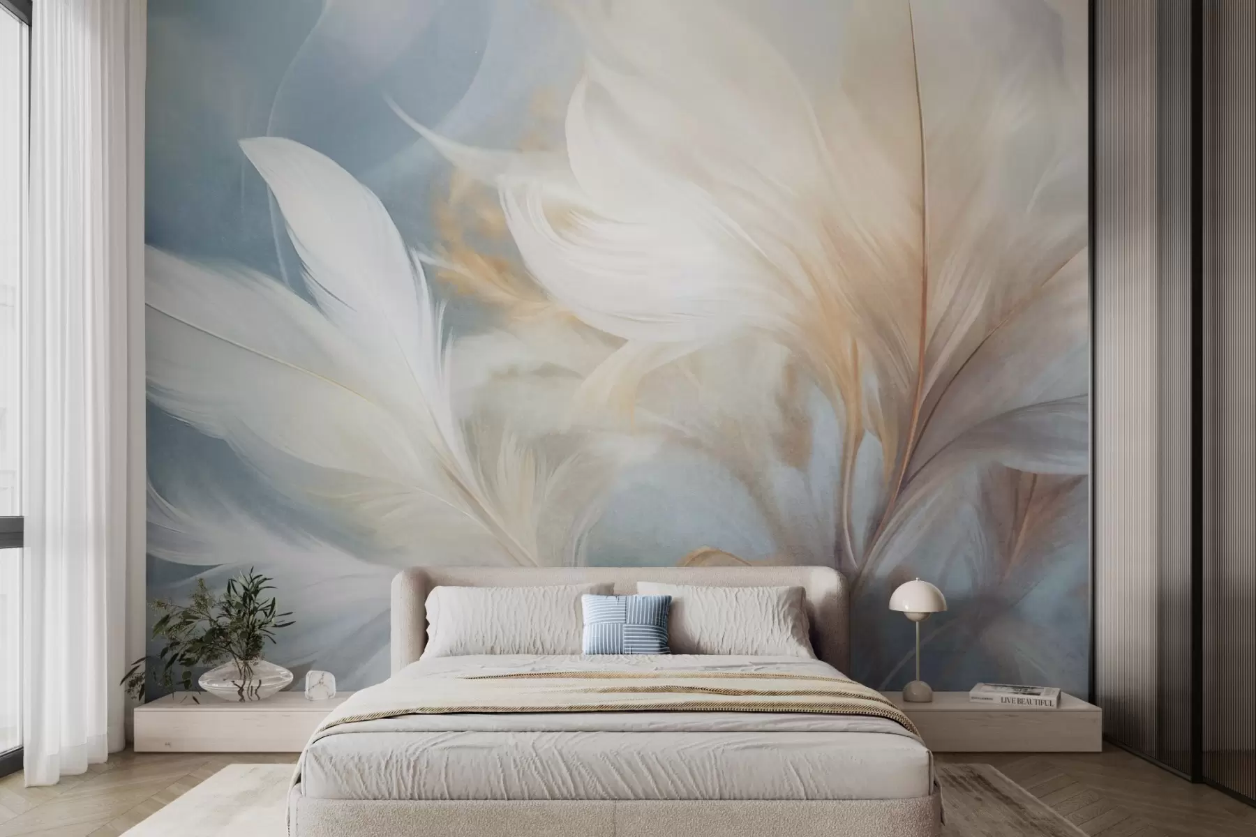 wall murals Textured soft, white feathers and blured pampas grass with blue and white background w09758
