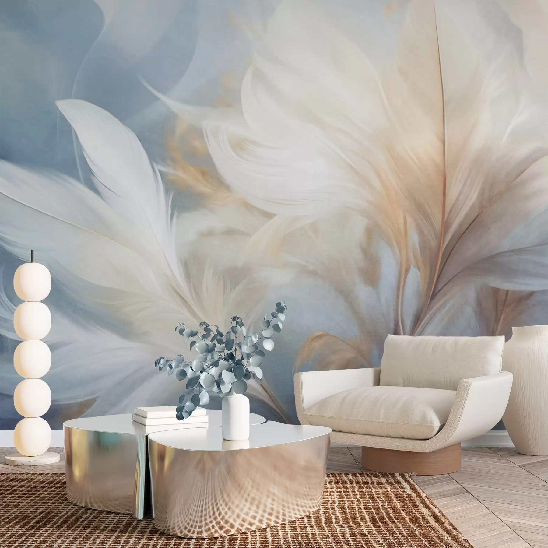 Wall Mural Photo Wallpaper Textured soft, white feathers and blured pampas grass with blue and white background w09758