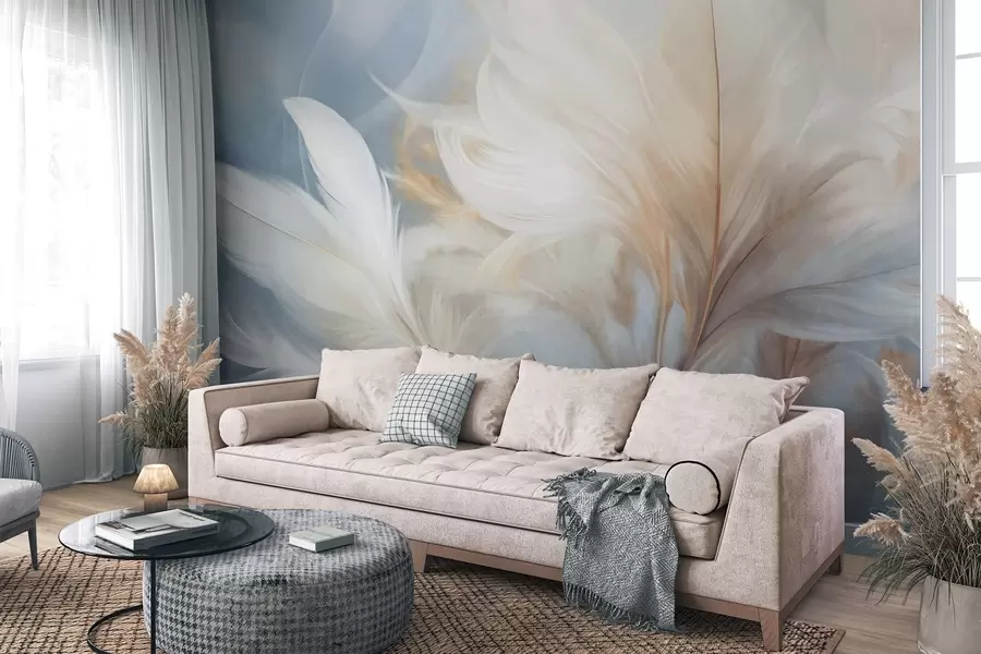 Wall Mural Photo Wallpaper Textured soft, white feathers and blured pampas grass with blue and white background w09758