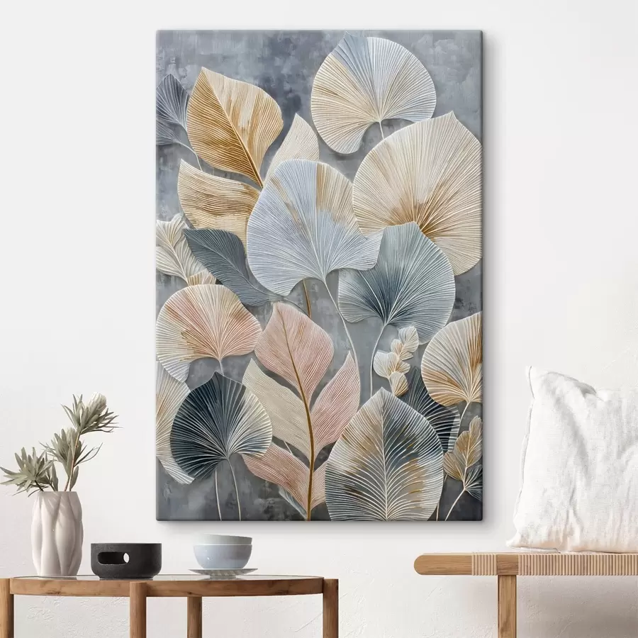 murales Follaje decorativo multicolor con textura pronunciada sobre fondo oscuro. s47964