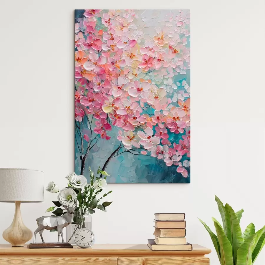 wall murals Branch with pink flowers on a blue background in an oil painting style s47987