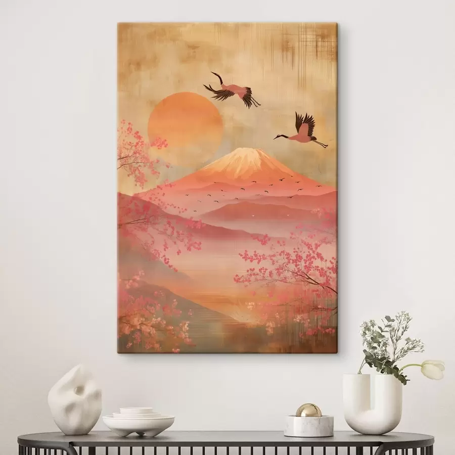 wall murals Cranes against the sun and mountains: illustration in a digital art style s47992