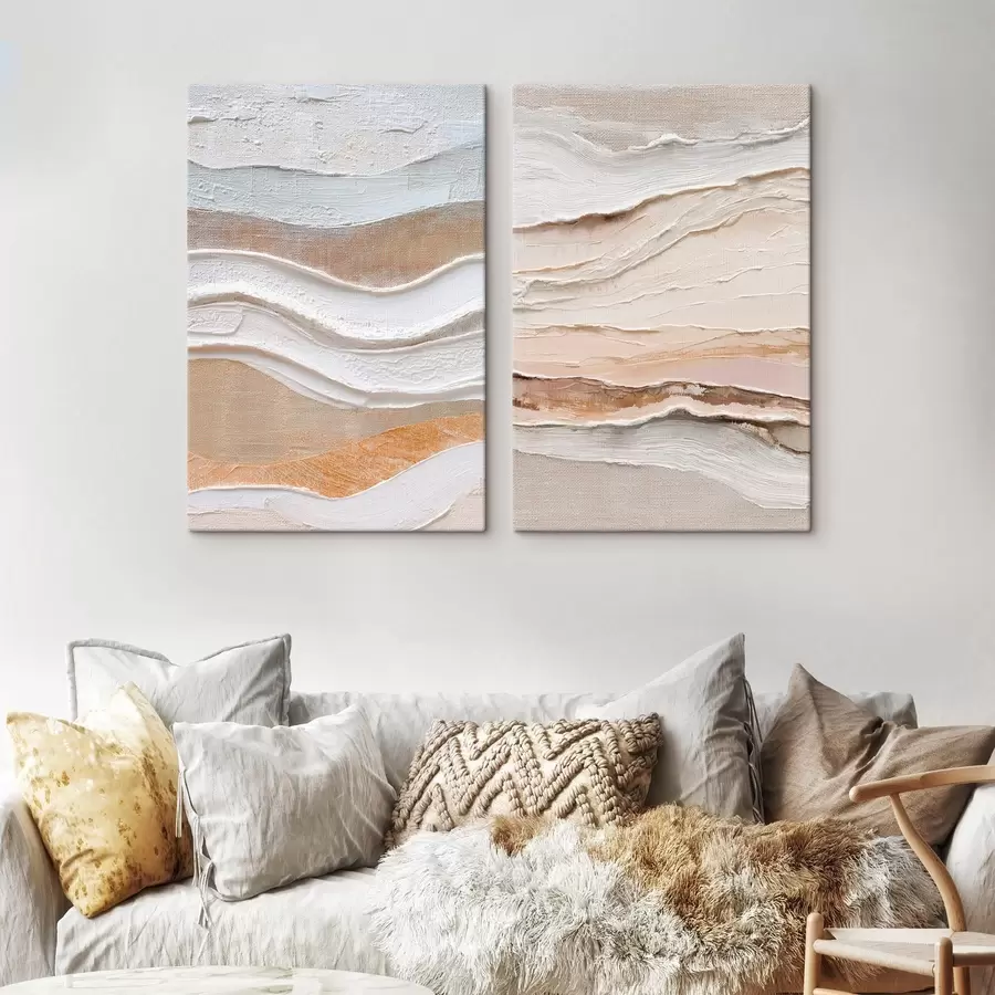 murales Díptico minimalista con ondas texturizadas sobre fondo de lino. m30031