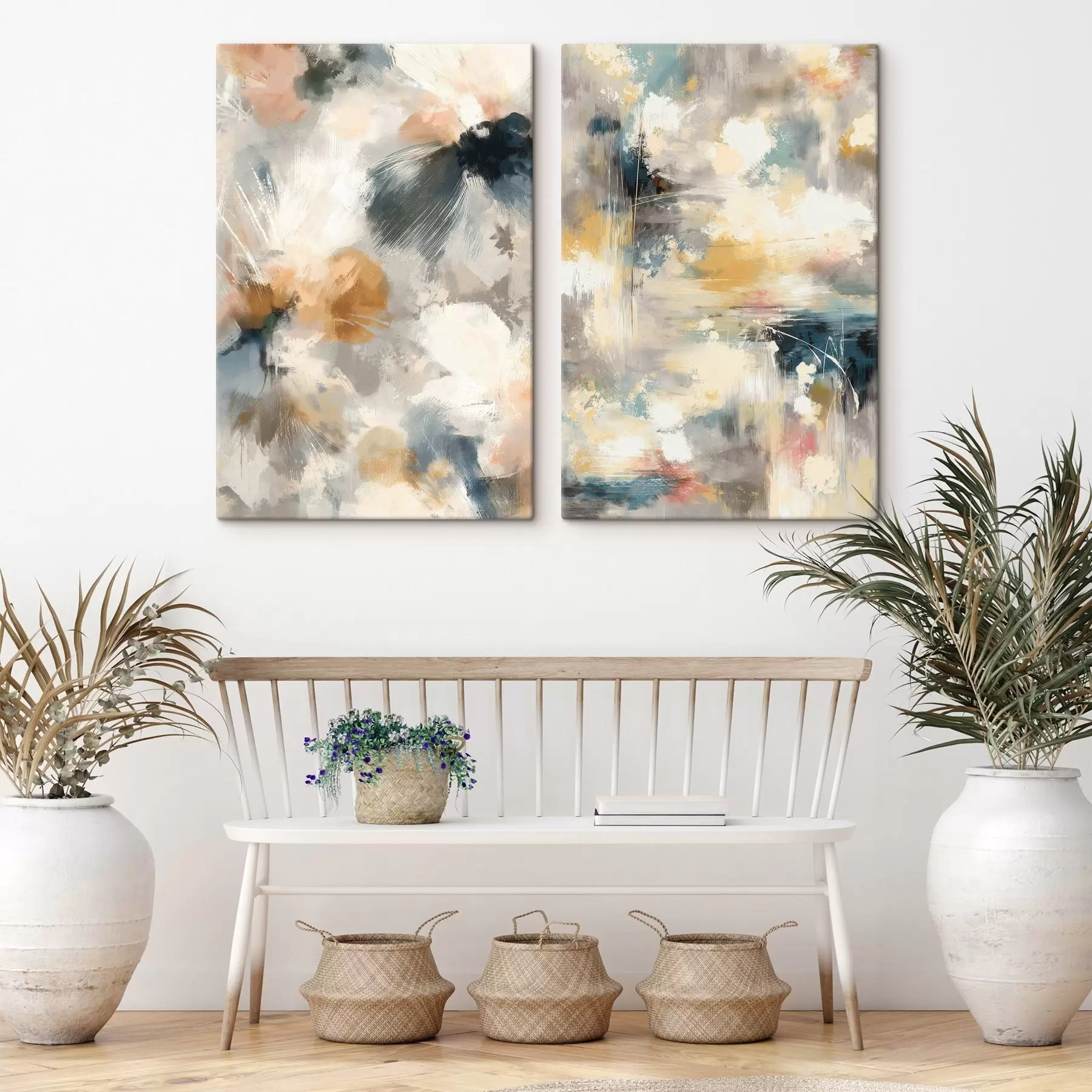 murales Díptico con formas florales difuminadas en un estilo artístico contemporáneo. m30033