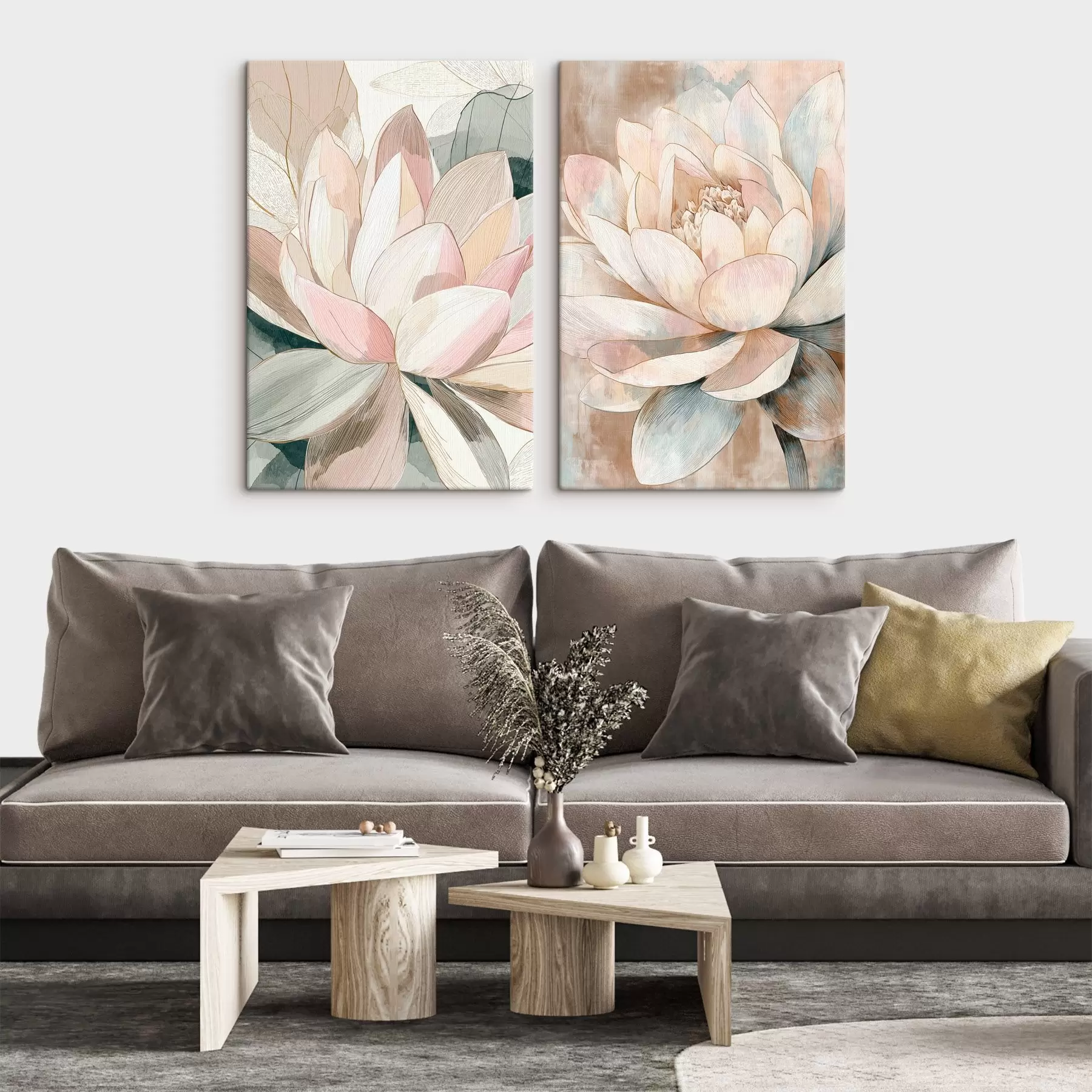 wall murals Floral composition with large lotuses in a pastel-coral palette m30034