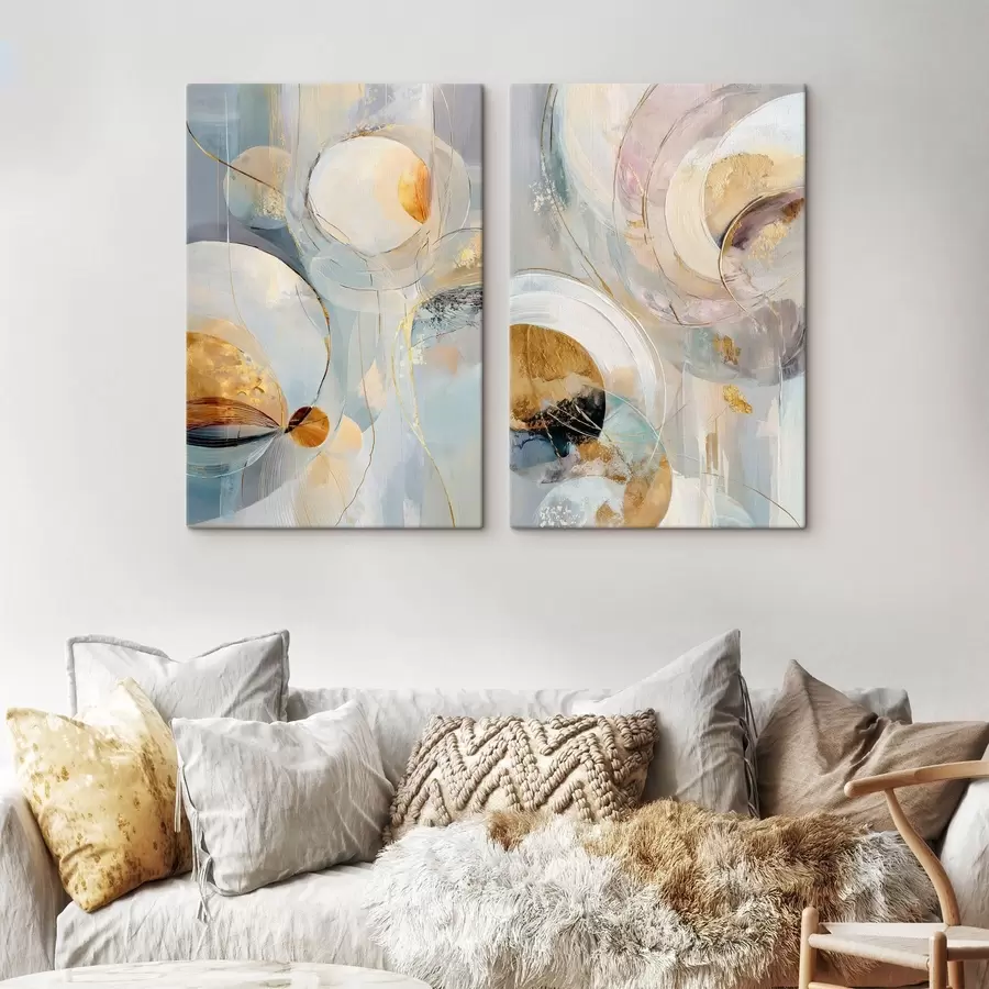 wall murals Artistic diptych with translucent circles and expressive brushstrokes m30038