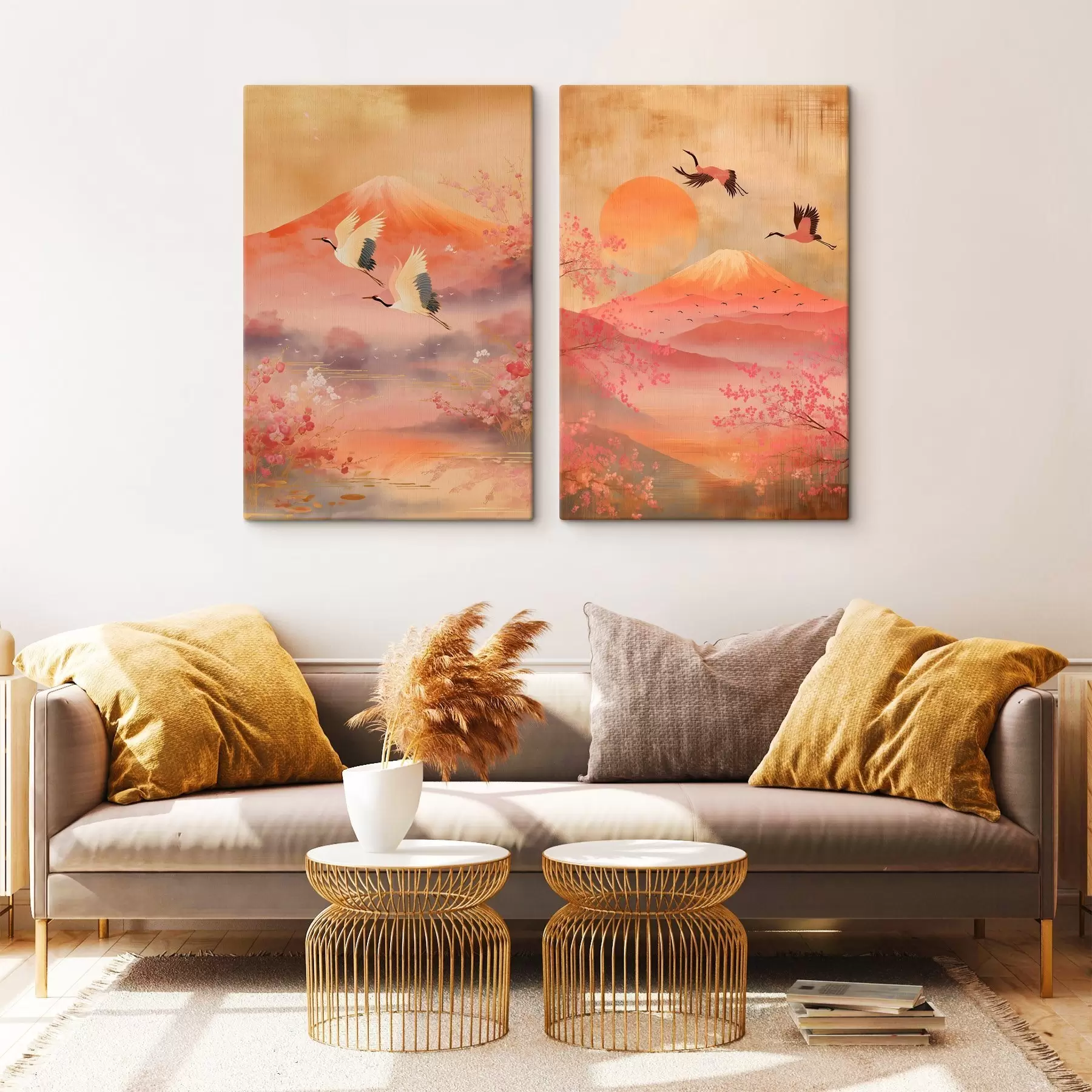 wall murals Japanese landscape with cranes and Mount Fuji in a classic illustration style m30042