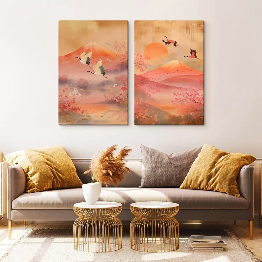 wall murals Japanese landscape with cranes and Mount Fuji in a classic illustration style m30042