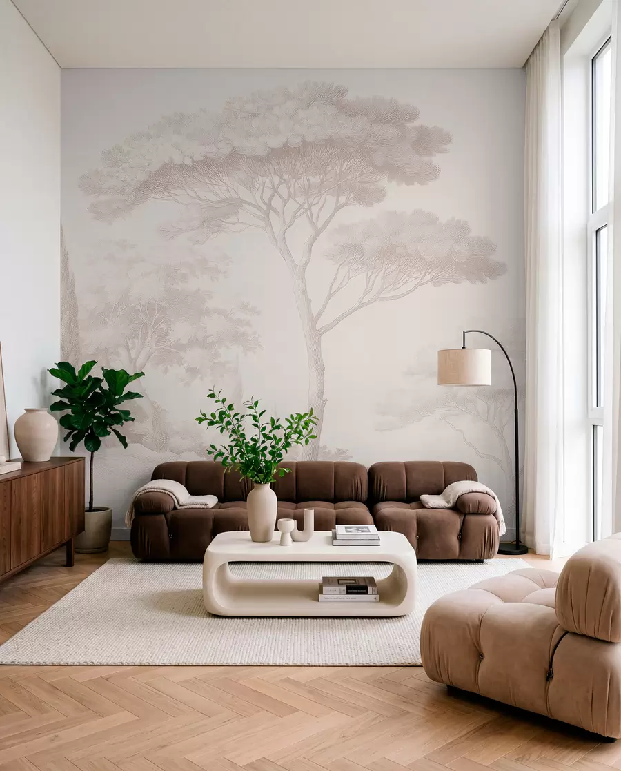 Wall Mural Photo Wallpaper Calm forest landscape in a beige color palette w09685