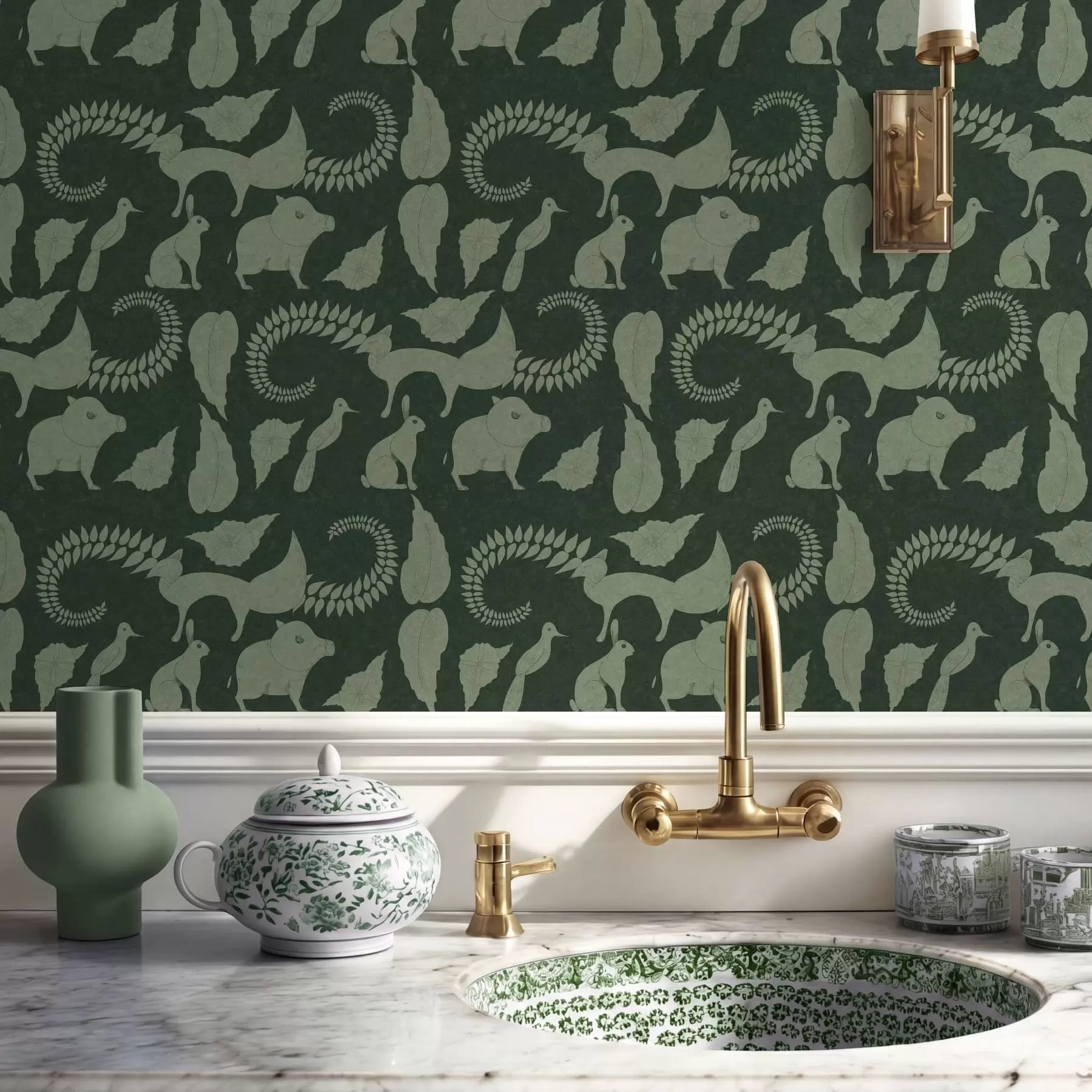 Wall Mural Photo Wallpaper Forest pattern with animals on green background a01121v1