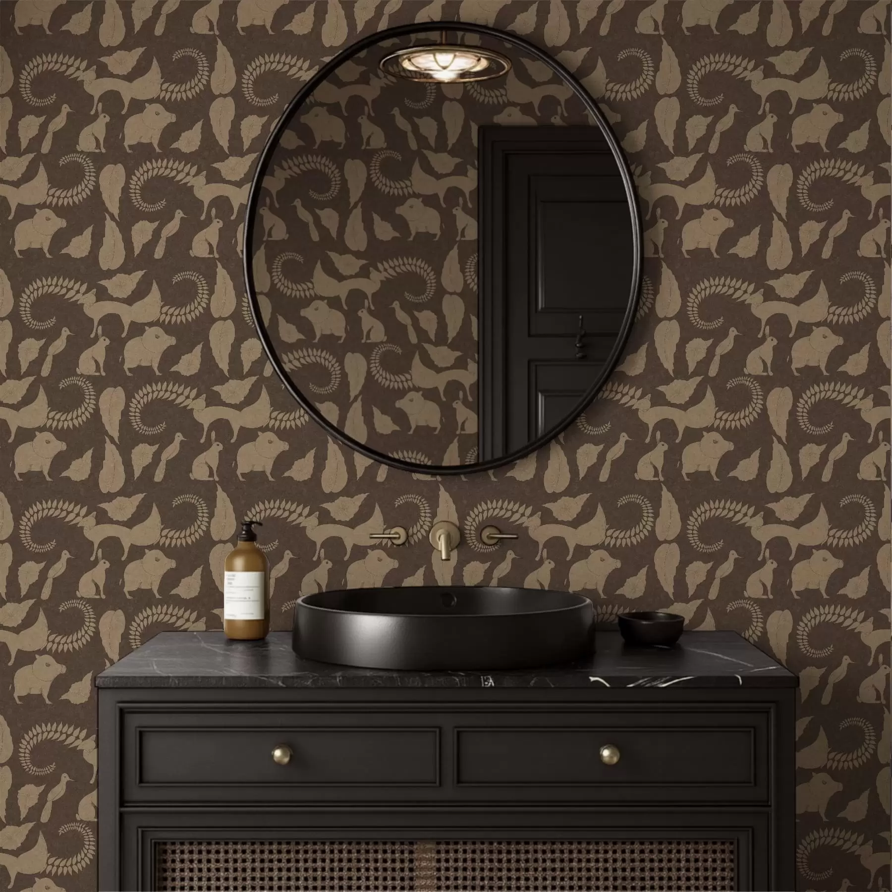 murales Patrón forestal con animales sobre fondo marrón a01121