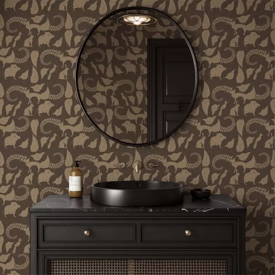 wall murals Forest pattern with animals on brown background a01121