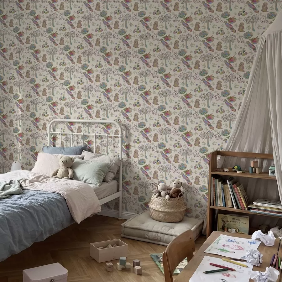 peintures murales Motif coloré pour enfants avec des oiseaux et des lapins a01127