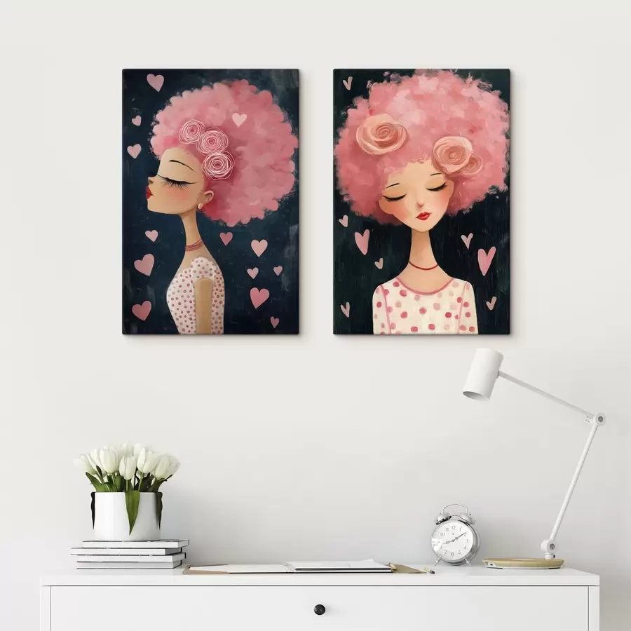 murales Chica con pelo rosa y corazones m30156