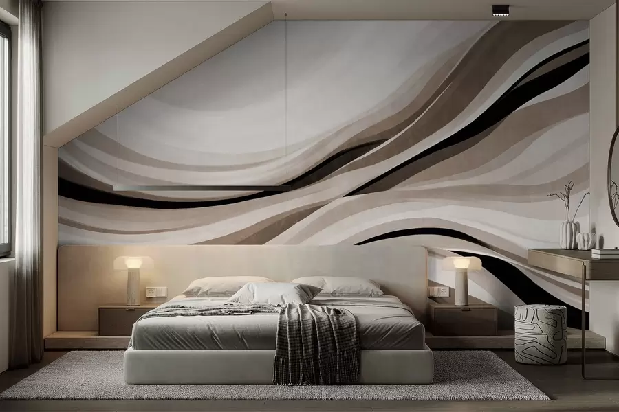 Wall Mural Photo Wallpaper Abstract wavy lines in shades of beige and black against a light background, textured art w09748