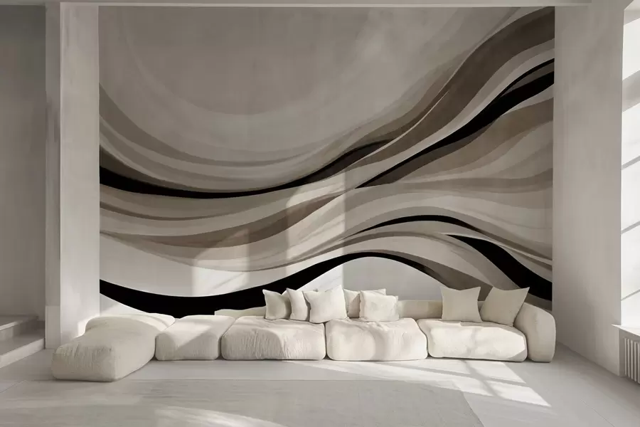 Wall Mural Photo Wallpaper Abstract wavy lines in shades of beige and black against a light background, textured art w09748