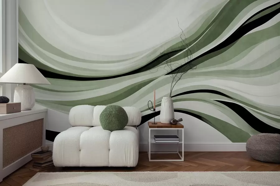 Wall Mural Photo Wallpaper Abstract wavy lines in shades of green and black against a light background, textured art w09748v1