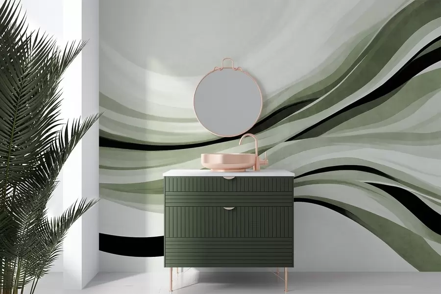 wall murals Abstract wavy lines in shades of green and black against a light background, textured art w09748v1