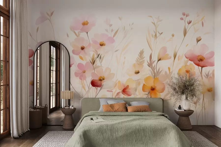 murales Campo abstracto de flores silvestres en tonos pastel, estilo acuarela. w09757