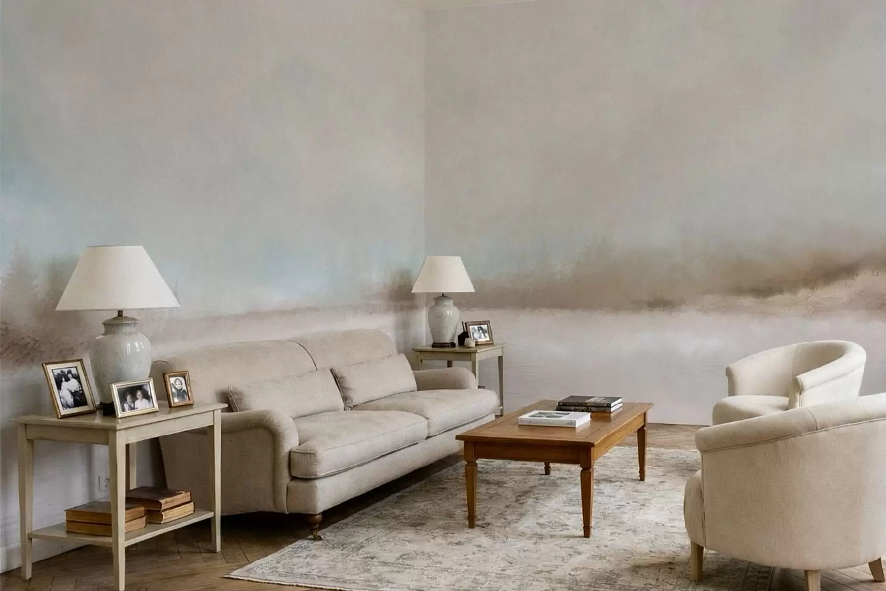 wall murals Misty landscape with lake and forest w05319