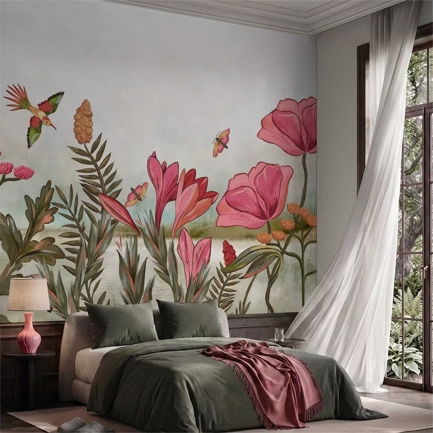 Wall Mural Photo Wallpaper Bright flowers with bird and butterflies w05321