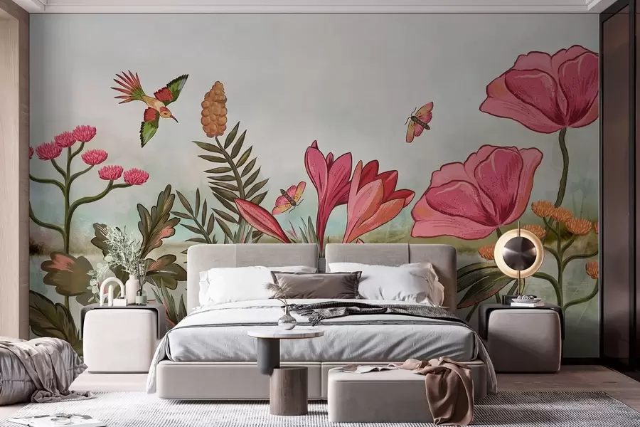 murales Flores brillantes con pájaros y mariposas w05321