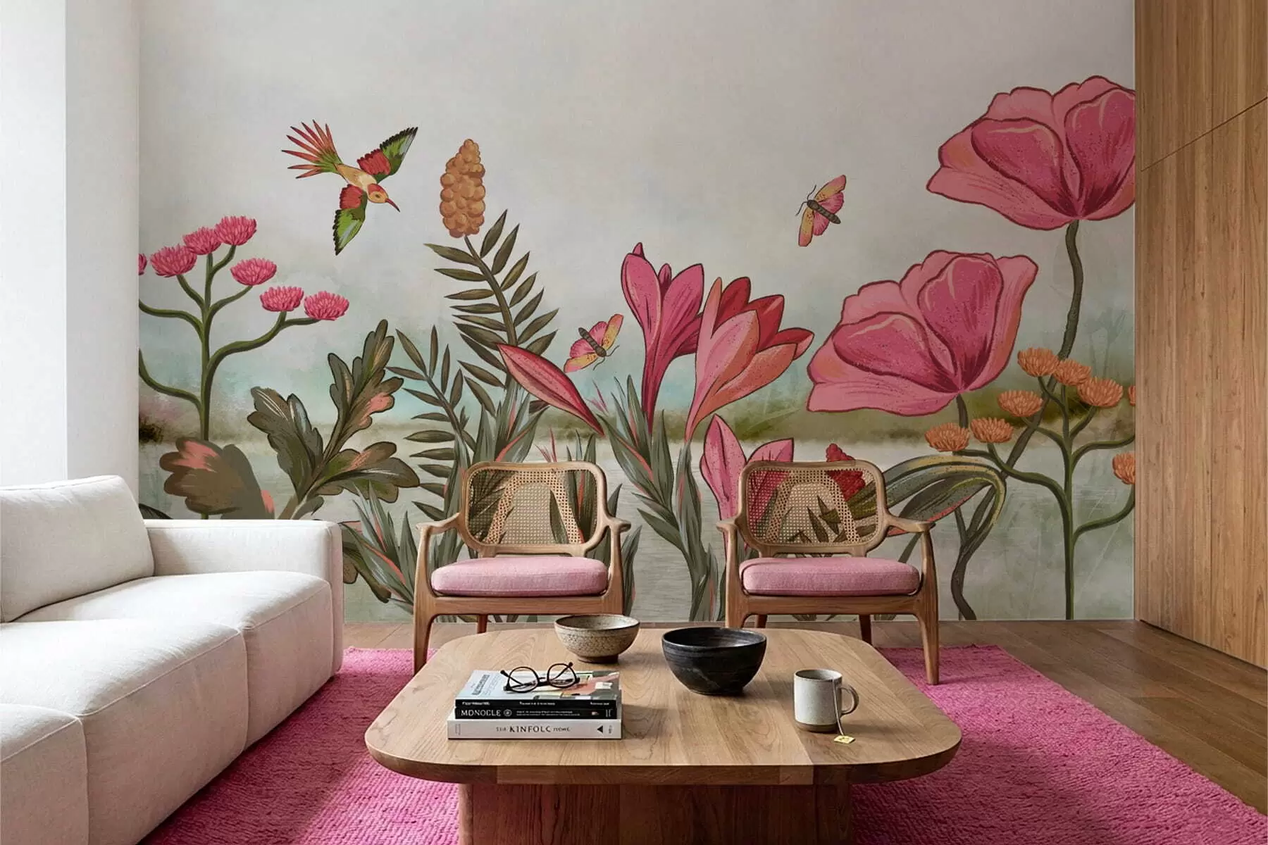 wall murals Bright flowers with bird and butterflies w05321