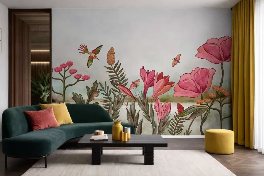Wall Mural Photo Wallpaper Bright flowers with bird and butterflies w05321