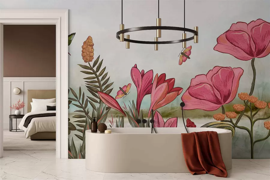 wall murals Bright flowers with bird and butterflies w05321