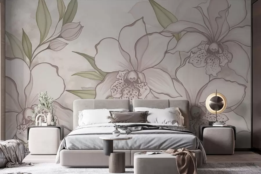 Wall Mural Photo Wallpaper Illustration of pale orchids with leaves on beige background w05117