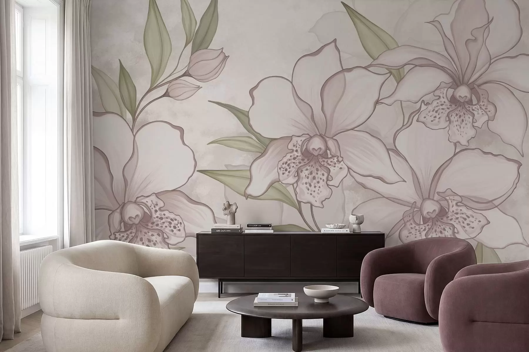 wall murals Illustration of pale orchids with leaves on beige background w05117