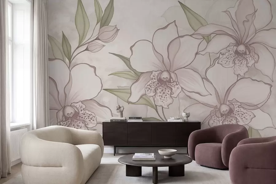 peintures murales Illustration d'orchidées pâles avec des feuilles sur fond beige w05117