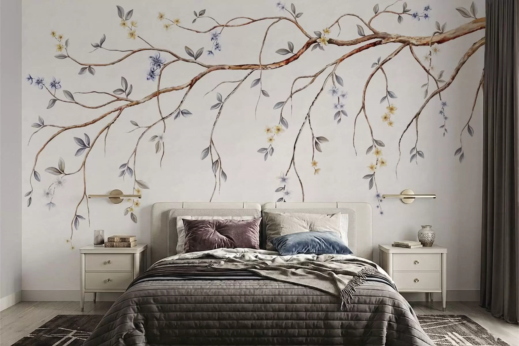 peintures murales Branches fines avec petites fleurs sur fond clair w05145
