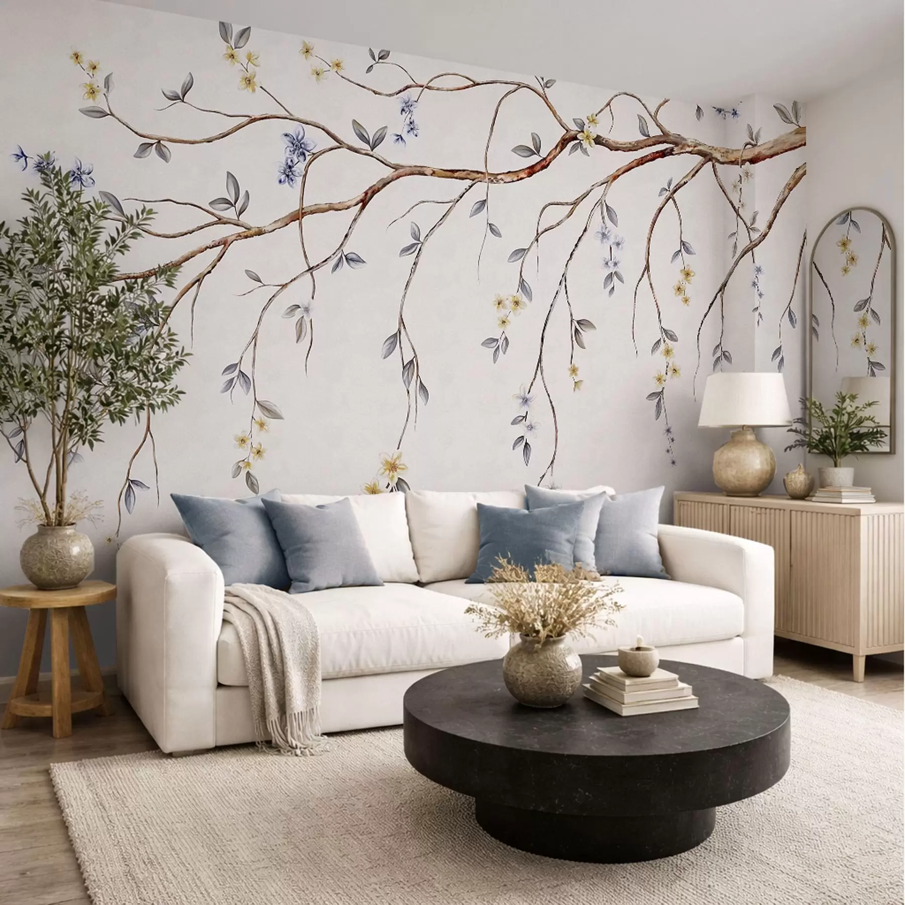 peintures murales Branches fines avec petites fleurs sur fond clair w05145
