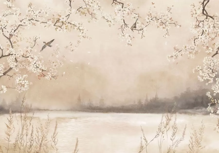 peintures murales Branches délicatement fleuries au bord d'un lac avec des oiseaux dans une légère brume w05155