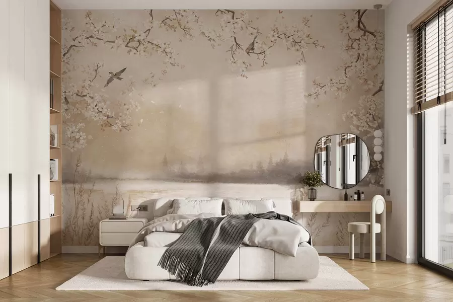 Wall Mural Photo Wallpaper Delicate blooming branches by lake with birds in light mist w05155