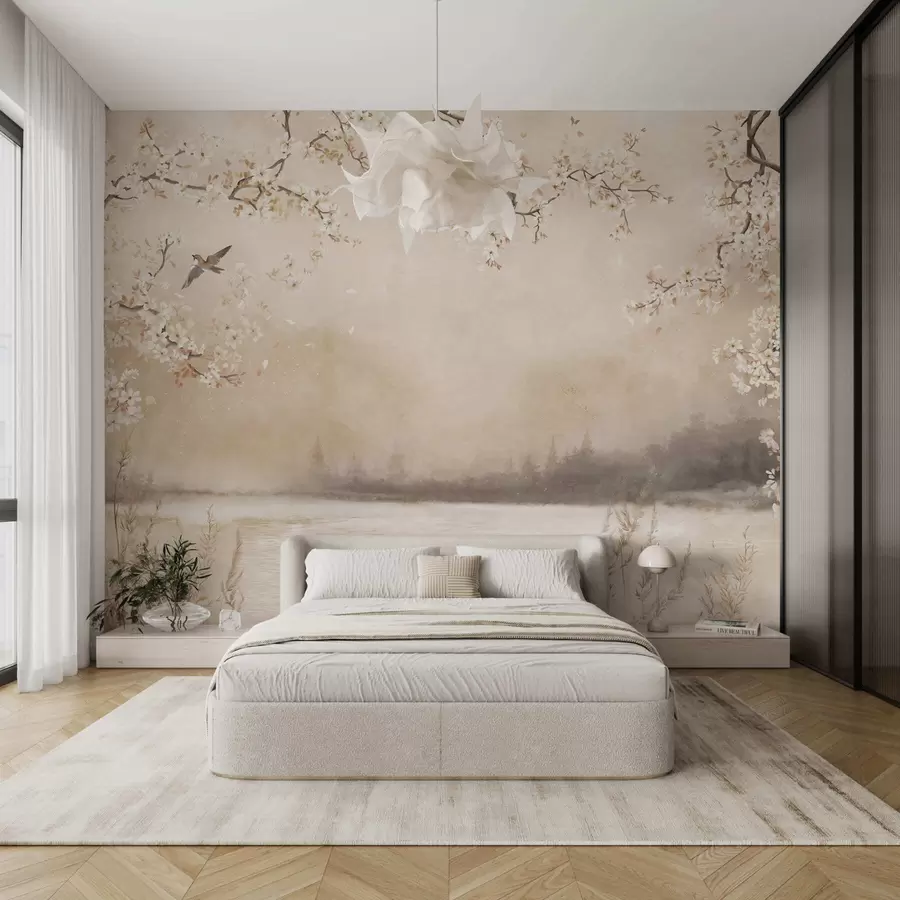 Wall Mural Photo Wallpaper Delicate blooming branches by lake with birds in light mist w05155