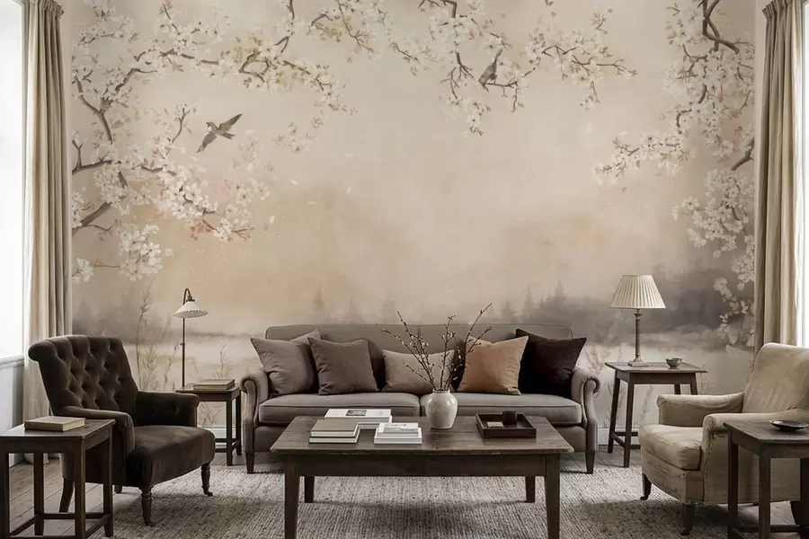 wall murals Delicate blooming branches by lake with birds in light mist w05155