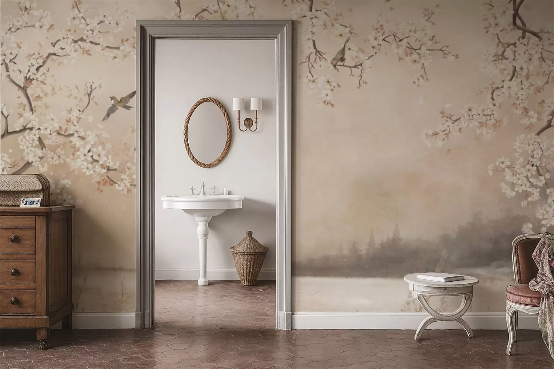 wall murals Delicate blooming branches by lake with birds in light mist w05155