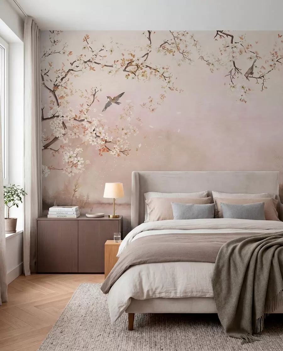 Wall Mural Photo Wallpaper Blooming branches above calm lake with birds in mist w05155v1