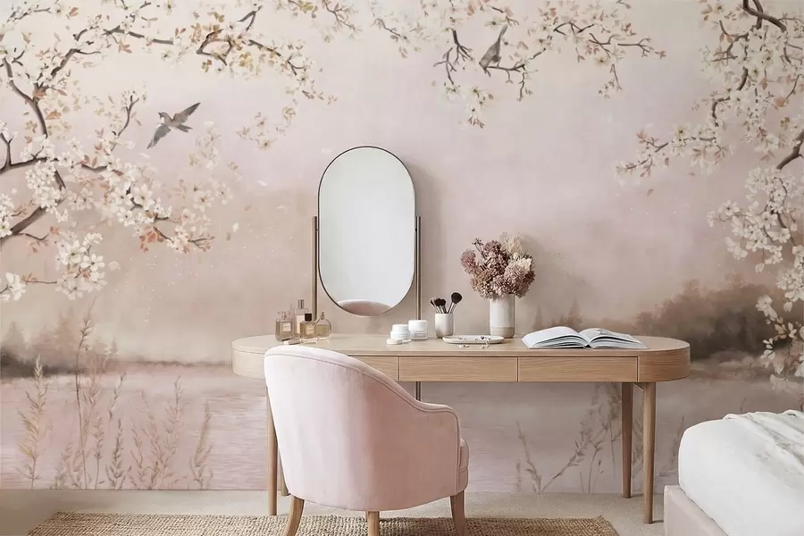 murales Ramas en flor sobre un lago tranquilo con pájaros en la niebla. w05155v1