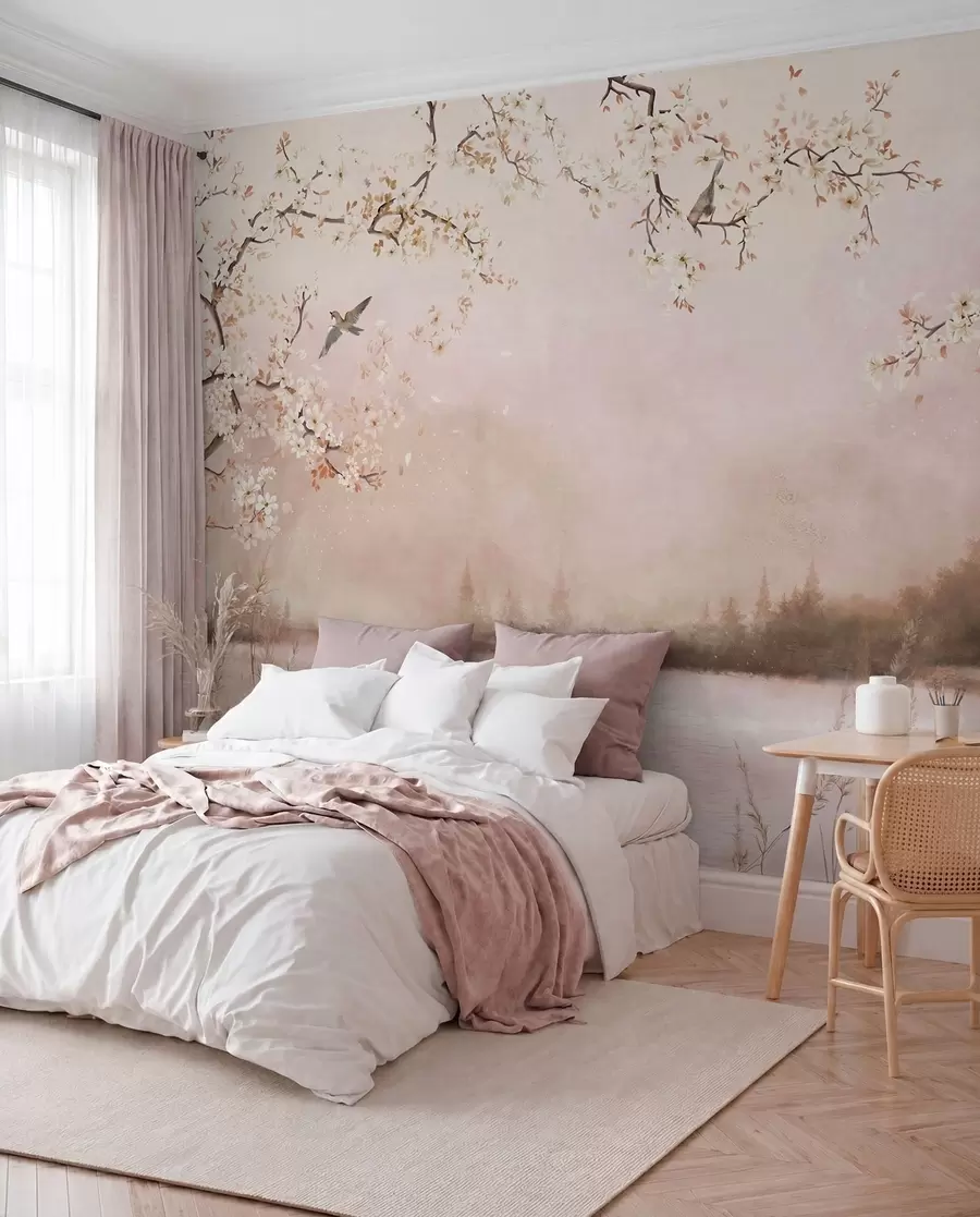 Wall Mural Photo Wallpaper Blooming branches above calm lake with birds in mist w05155v1