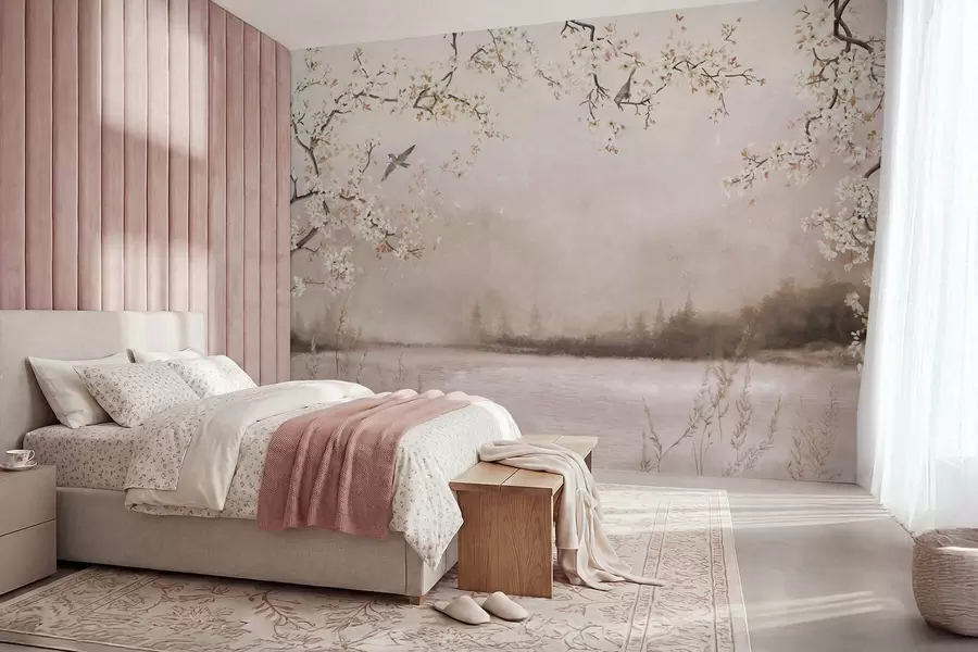 Wall Mural Photo Wallpaper Blooming branches above calm lake with birds in mist w05155v1