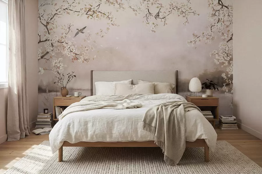 Wall Mural Photo Wallpaper Blooming branches above calm lake with birds in mist w05155v1