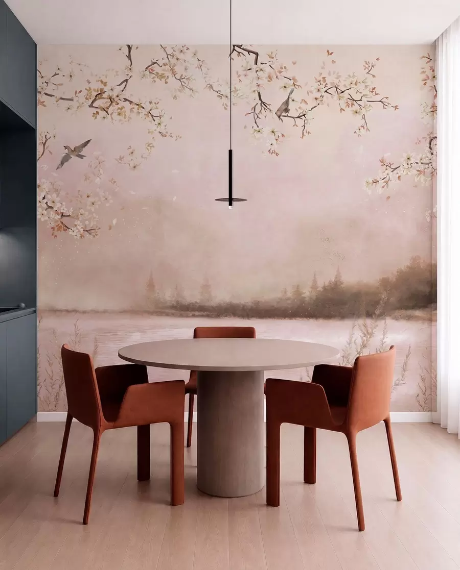 Wall Mural Photo Wallpaper Blooming branches above calm lake with birds in mist w05155v1