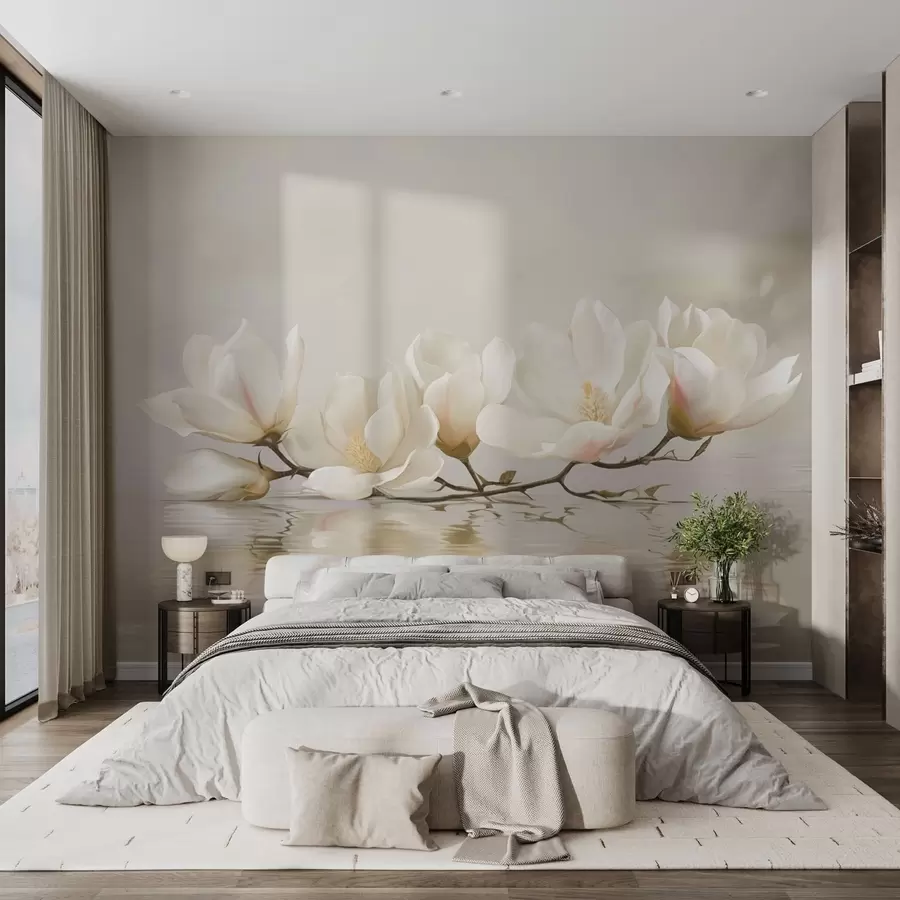 Wall Mural Photo Wallpaper Light magnolia blossoms on branch above water reflection w05353