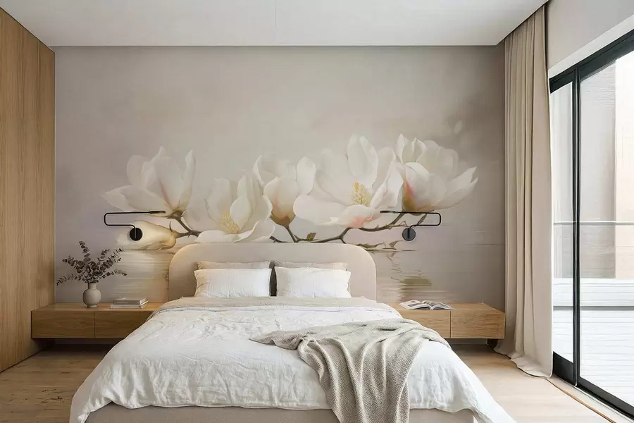 murales Ligeras flores de magnolia en una rama sobre el reflejo del agua. w05353