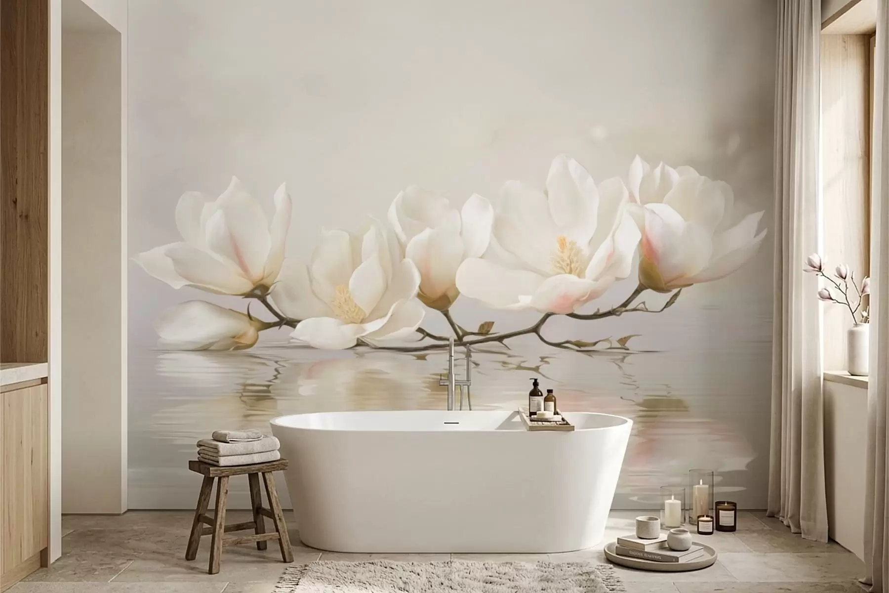 Wall Mural Photo Wallpaper Light magnolia blossoms on branch above water reflection w05353