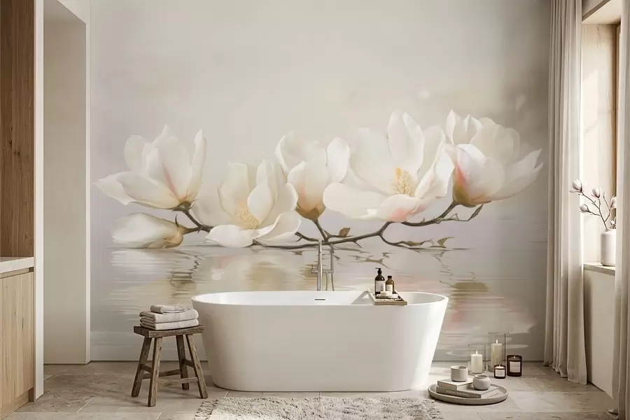 Wall Mural Photo Wallpaper Light magnolia blossoms on branch above water reflection w05353