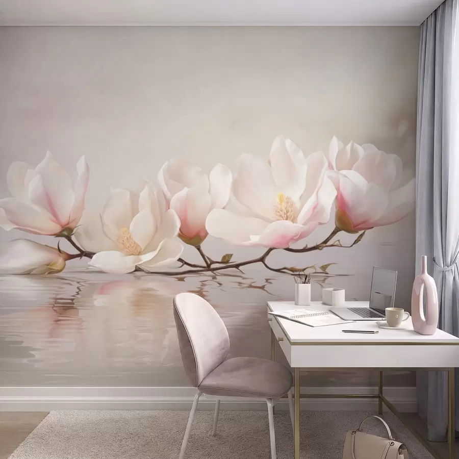 peintures murales Branche de magnolia en fleurs au-dessus du reflet d'une eau calme w05353v1